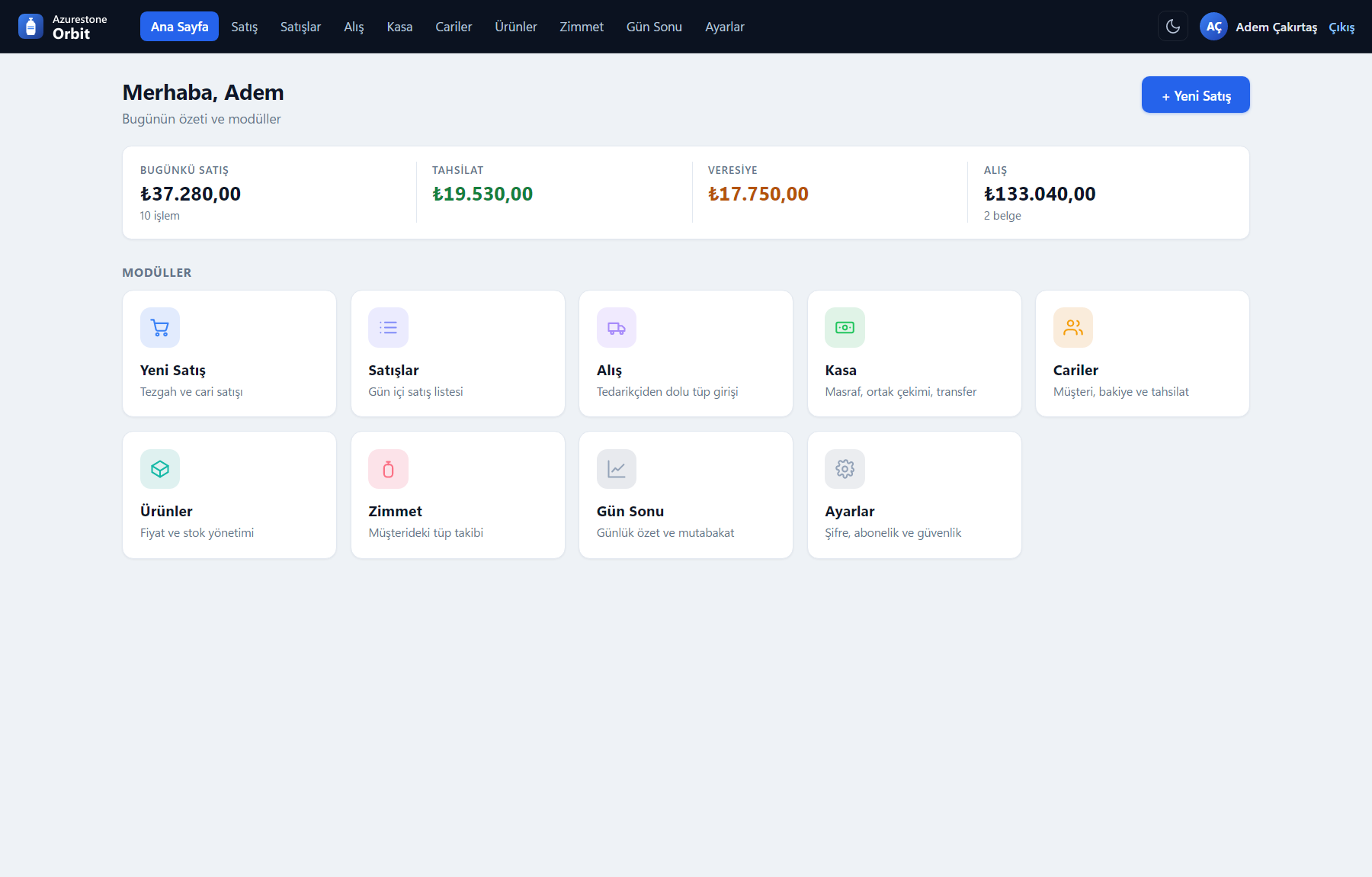 Azurestone Orbit yönetim ekranı